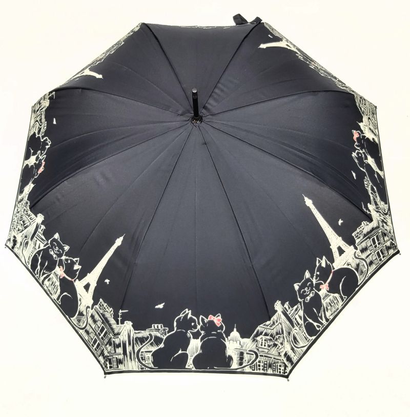 Parapluie long automatique noir à motif sur les chats calin caline à Paris Guy de jean, léger et solide