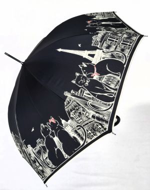 Parapluie long automatique noir à motif sur les chats calin caline à Paris Guy de jean, léger et solide
