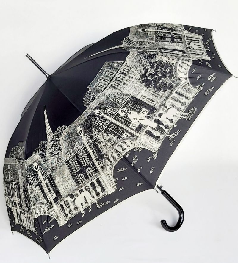 Parapluie long automatique noir imprimé la Parisienne & jardin Guy de Jean, léger et solide