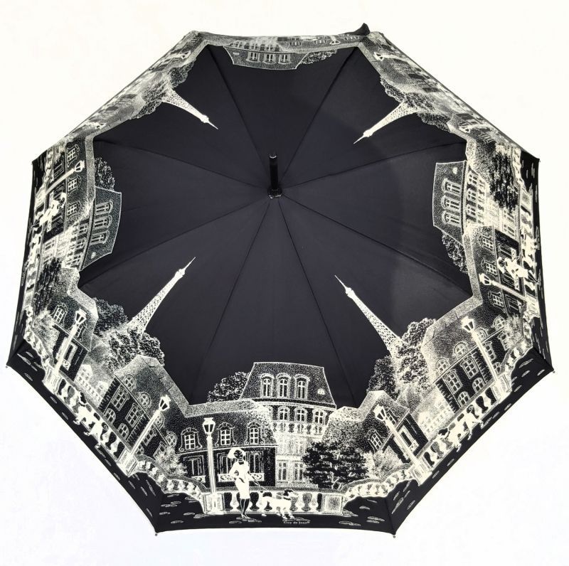 Parapluie long automatique noir imprimé la Parisienne & jardin Guy de Jean, léger et solide