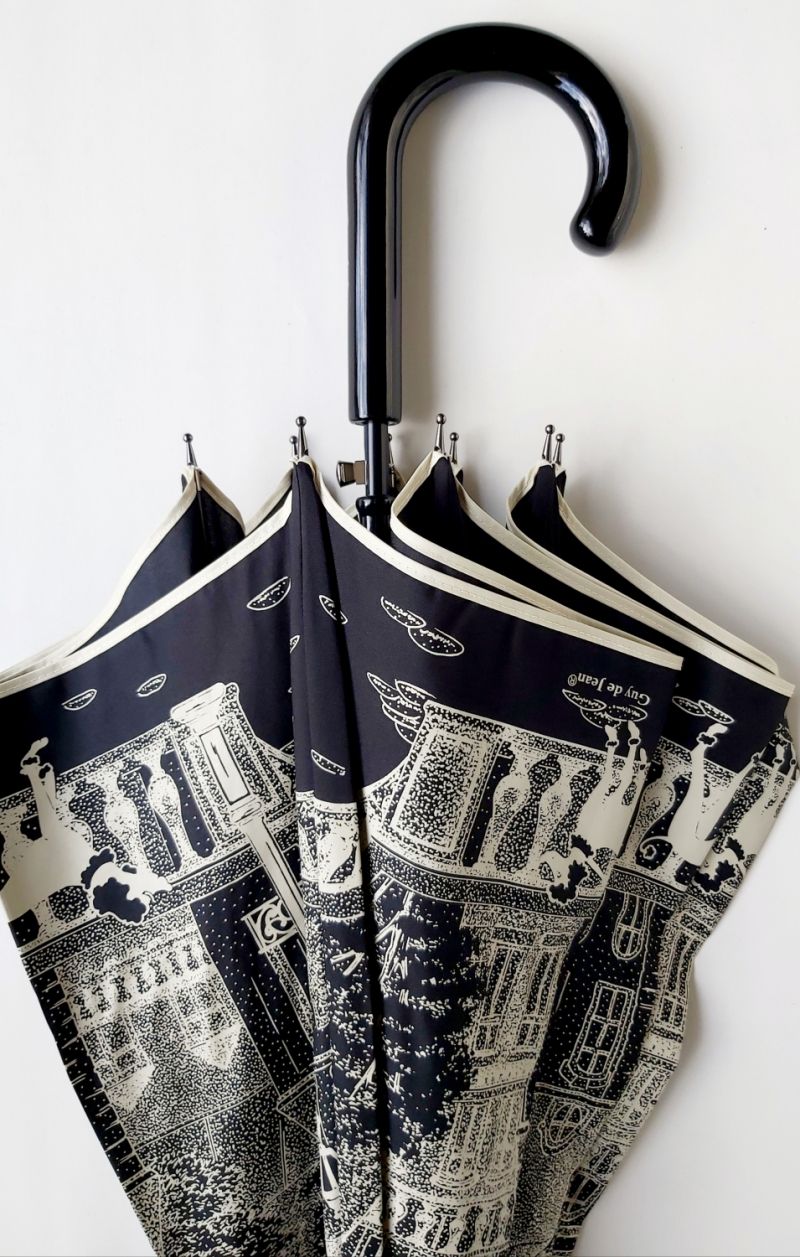 Parapluie long automatique noir imprimé la Parisienne & jardin Guy de Jean, léger et solide