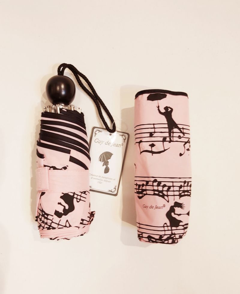 Micro parapluie de poche pliant rose notes de musique Guy de Jean, résistant et français