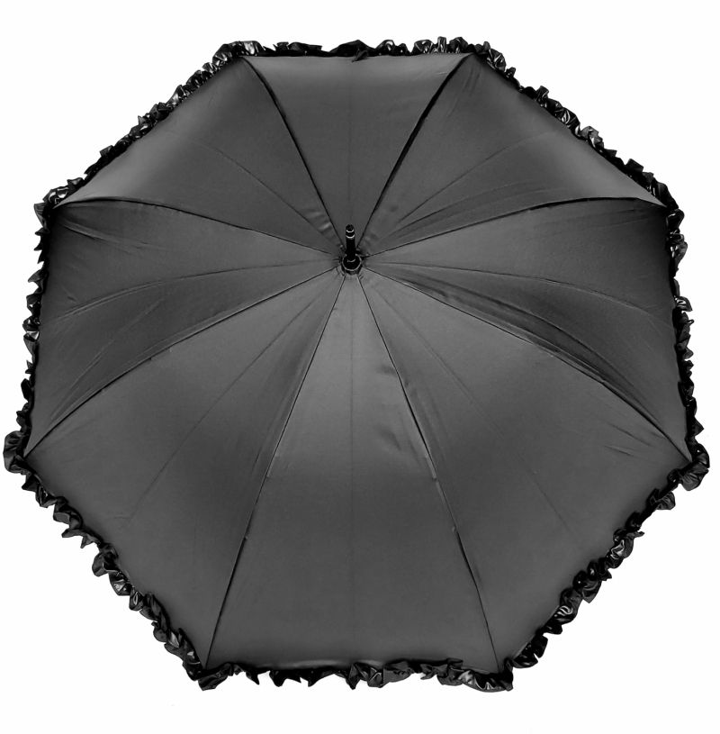 Parapluie Chantal Thomass long automatique noir à volant, Grand 105 cm & résistant