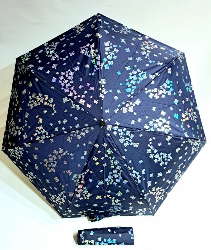 Mini parapluie extra fin pliant bleu marine imprimé papillons irisés P.Cardin - léger 250g et solide