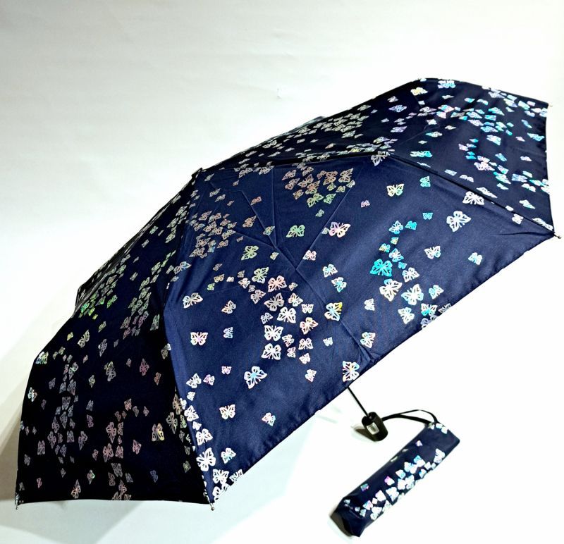 Mini parapluie extra fin pliant bleu marine imprimé papillons irisés P.Cardin - léger 250g et solide