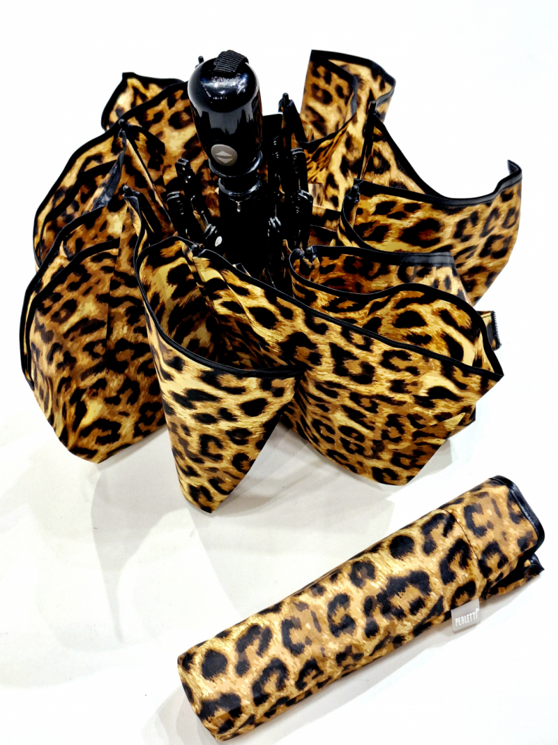 Mini parapluie pliant open close marron & noir léopard P.Cardin - grand & solide