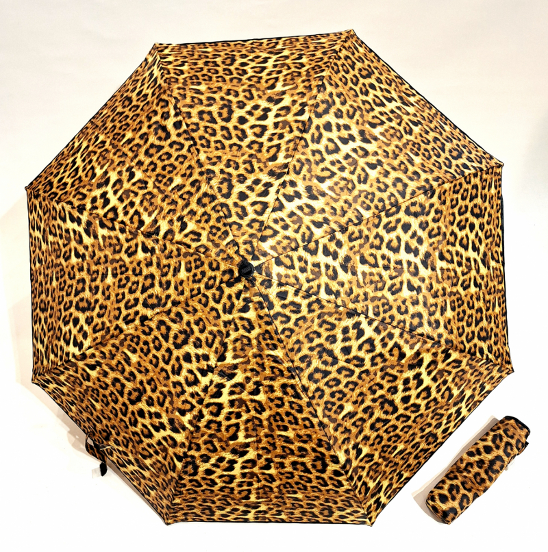 Mini parapluie pliant open close marron & noir léopard P.Cardin - grand & solide