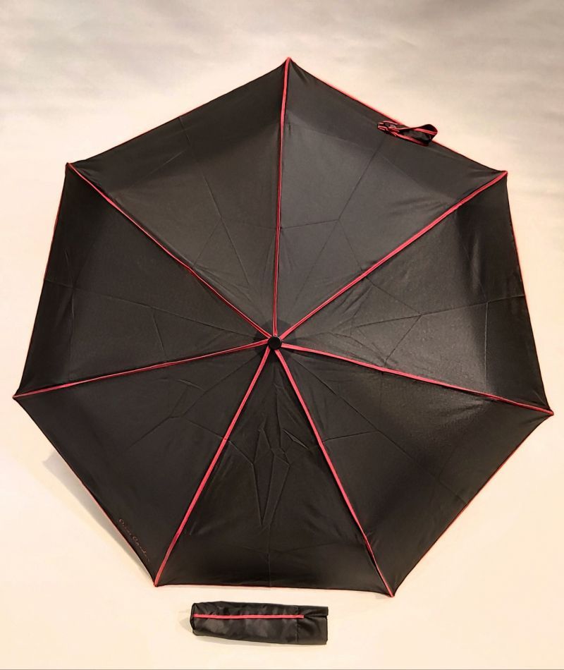 Mini parapluie extra fin pliant open close noir & rouge Signature P.Cardin, Slim léger 260g & solide