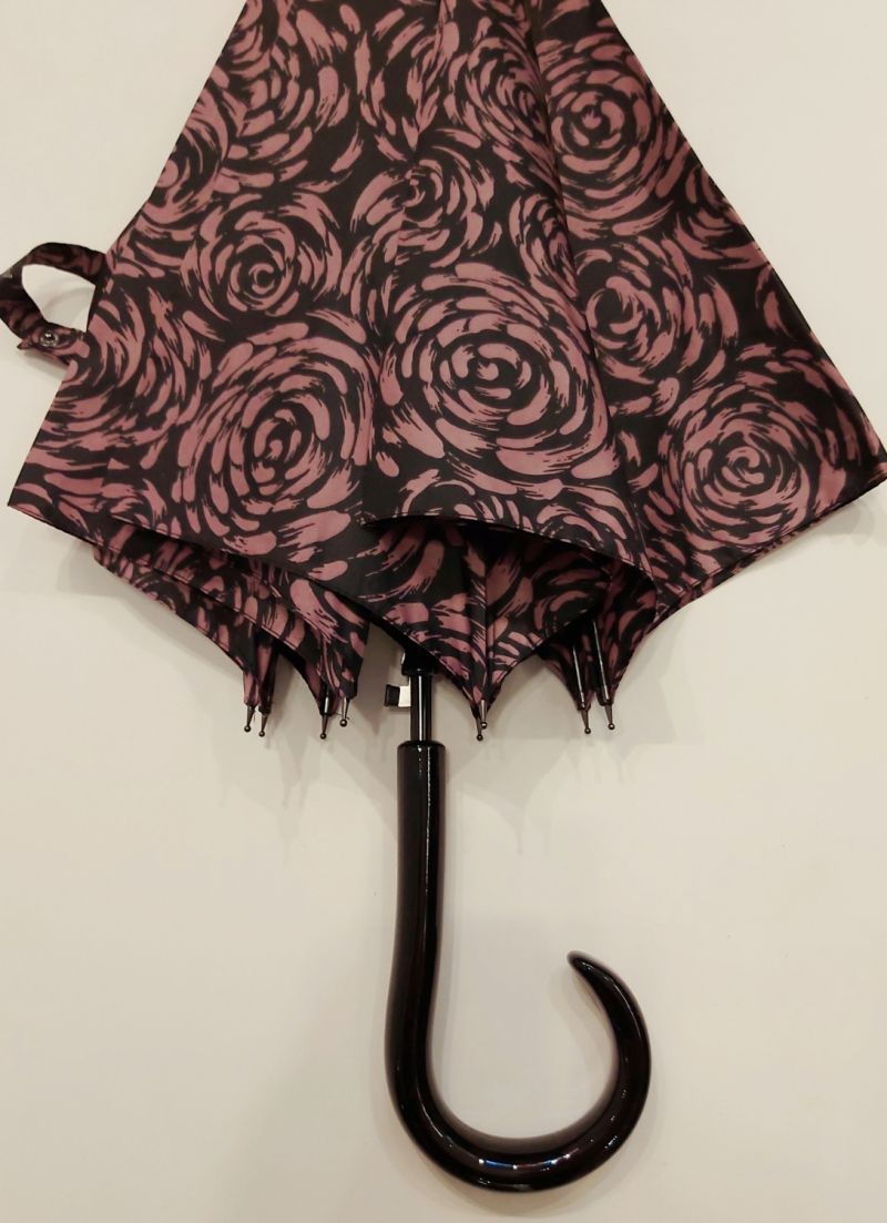 Parapluie long auto noir imprimé de roses en rose P.Cardin, Grand & résistant