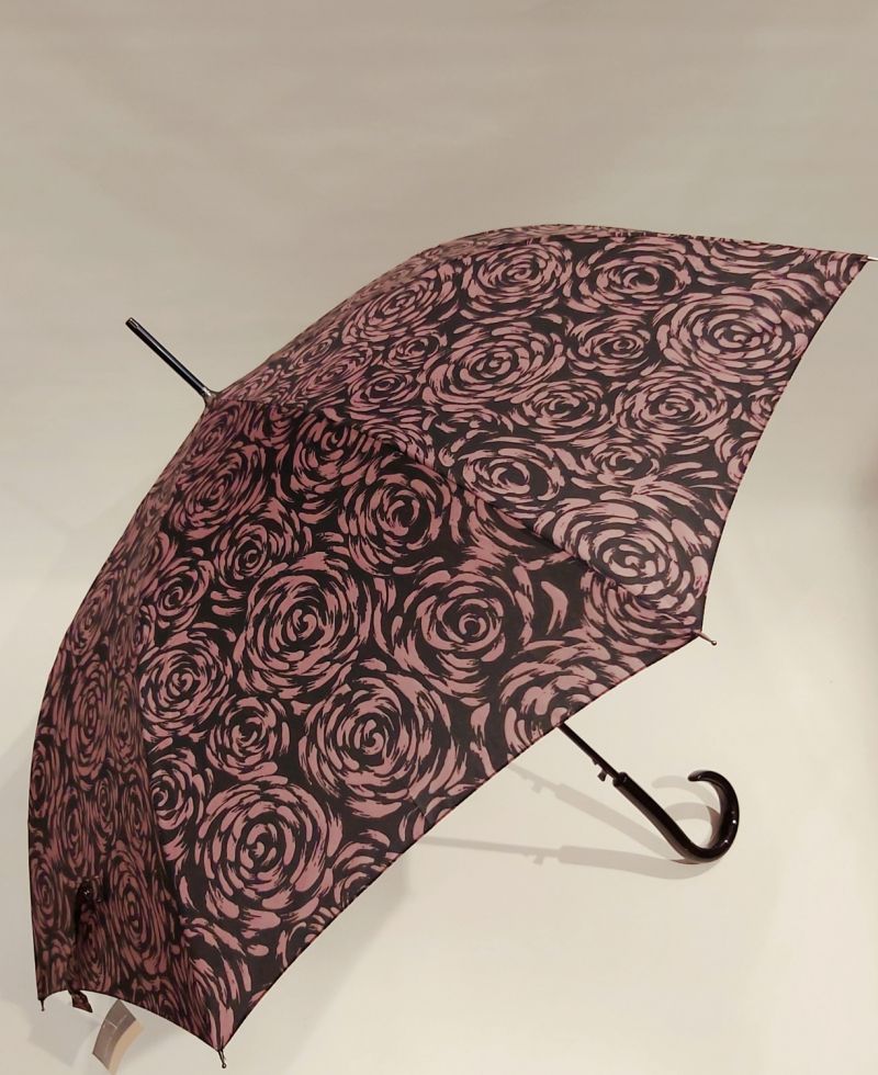 Parapluie long auto noir imprimé de roses en rose P.Cardin, Grand & résistant