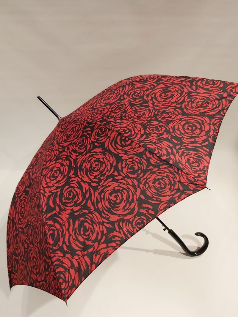 Parapluie long auto noir imprimé de roses en rouge & noir P.Cardin, Grand & résistant
