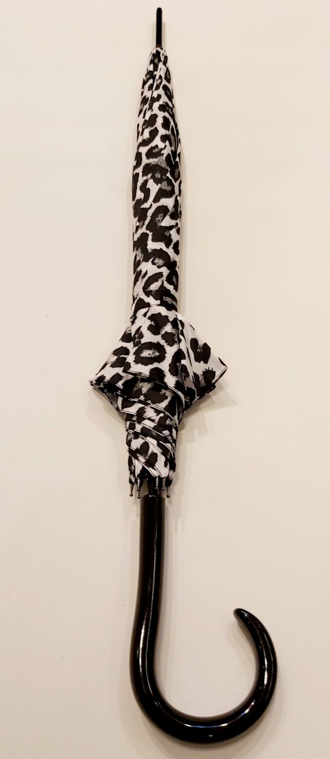 Parapluie long auto blanc imprimé léopard noir & taupe P.Cardin, Grand & résistant