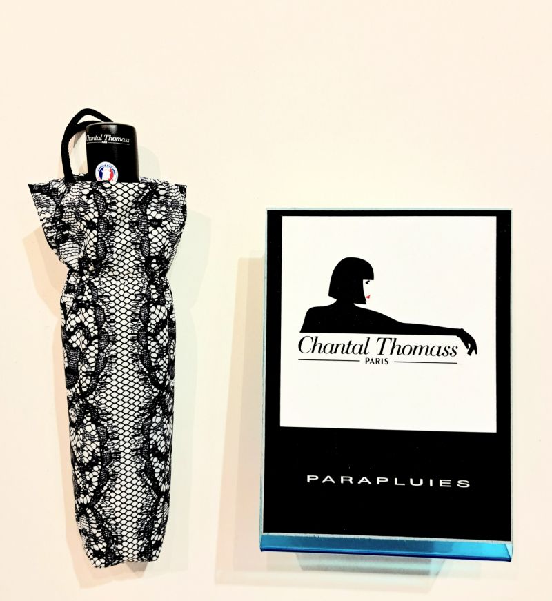 Parapluie Chantal Thomass mini pliant blanc automatique dentelle & noeud noir - Léger & solide