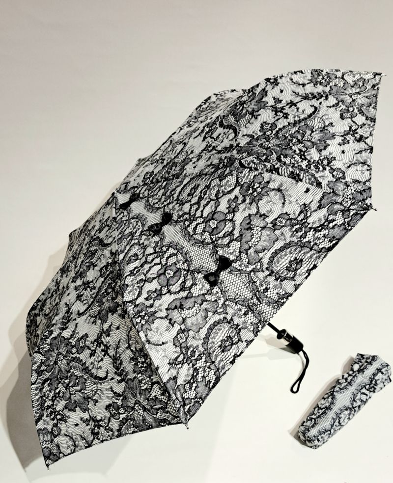 Parapluie Chantal Thomass mini pliant blanc automatique dentelle & noeud noir - Léger & solide