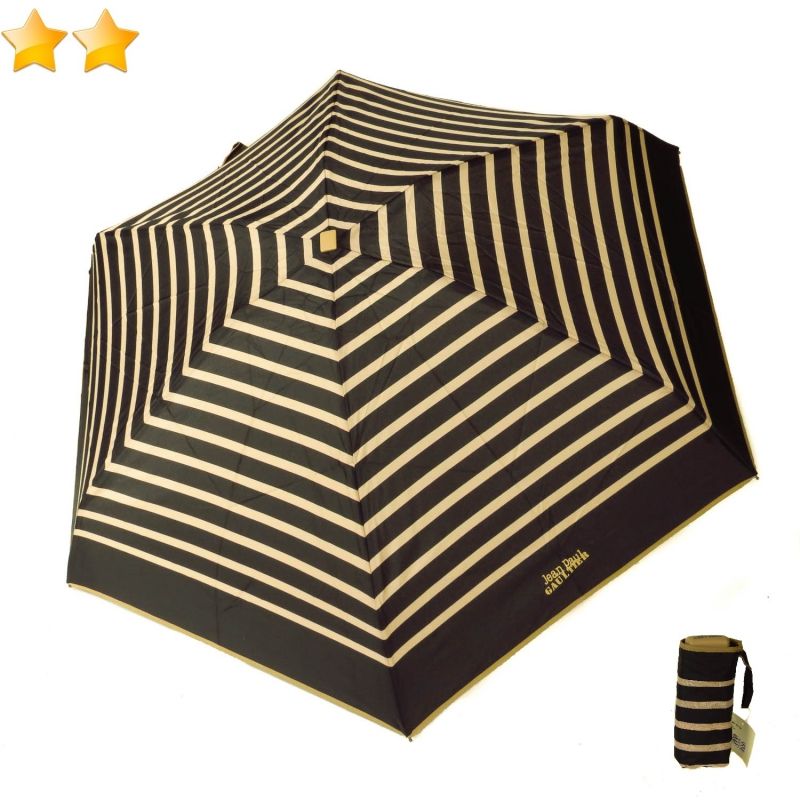 Micro parapluie de poche Jean Paul Gaultier plat rayé noir et beige, léger 200g & résistant