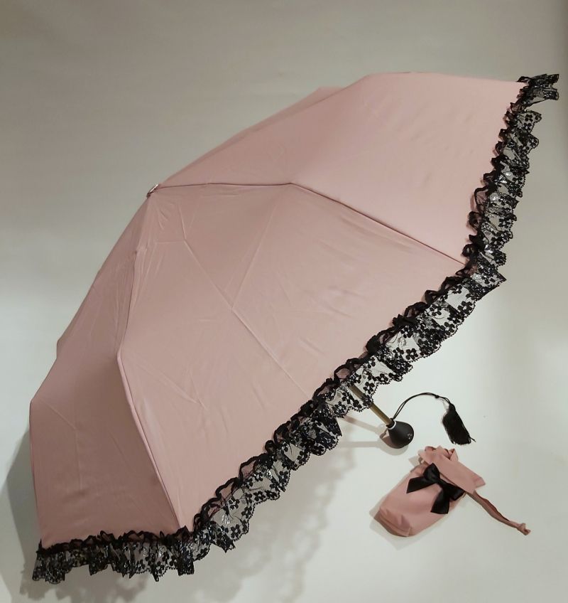  Parapluie mini volant rose dentelle noire & argentée français, chic & élégant