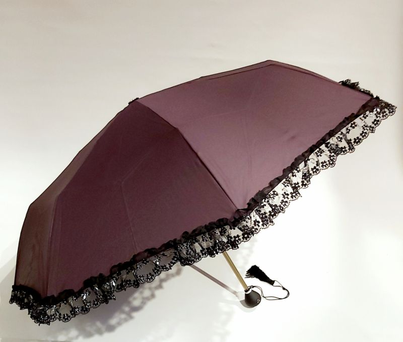  Parapluie mini de luxe prune à volant en dentelle noire & argent français, Chic et élégant