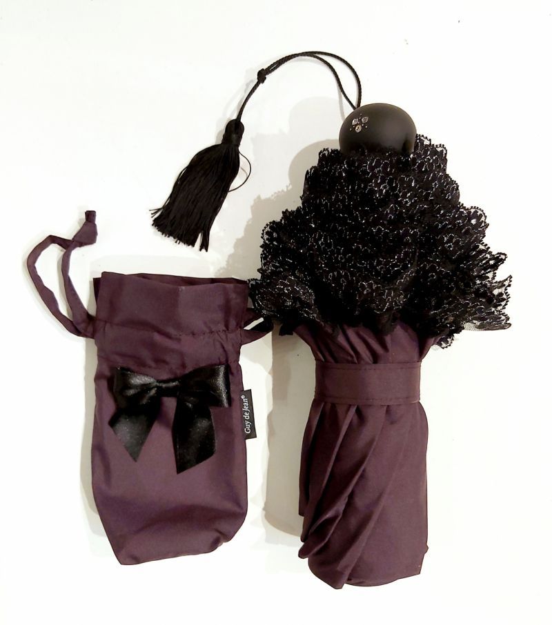  Parapluie mini de luxe prune à volant en dentelle noire & argent français, Chic et élégant