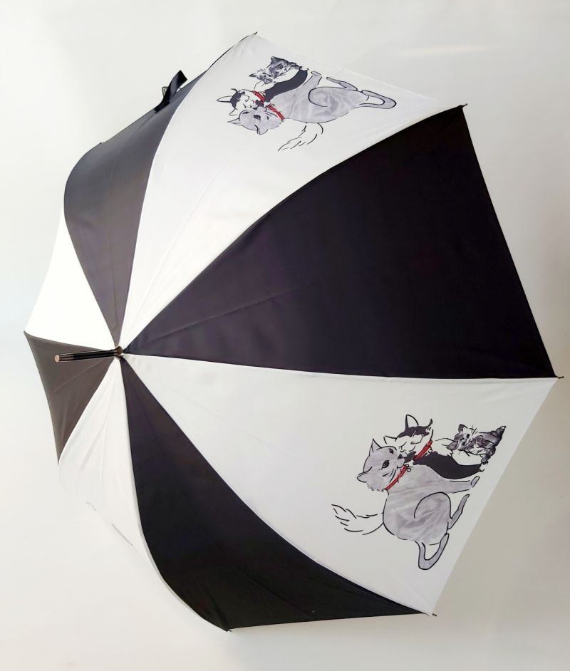 Parapluie canne automatique noir & blanc à motif les Minous Guy de jean, léger et solide