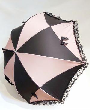 Parapluie long haut de gamme bicolore noir & rose "Lady" volant à dentelle, Elegant & résistant