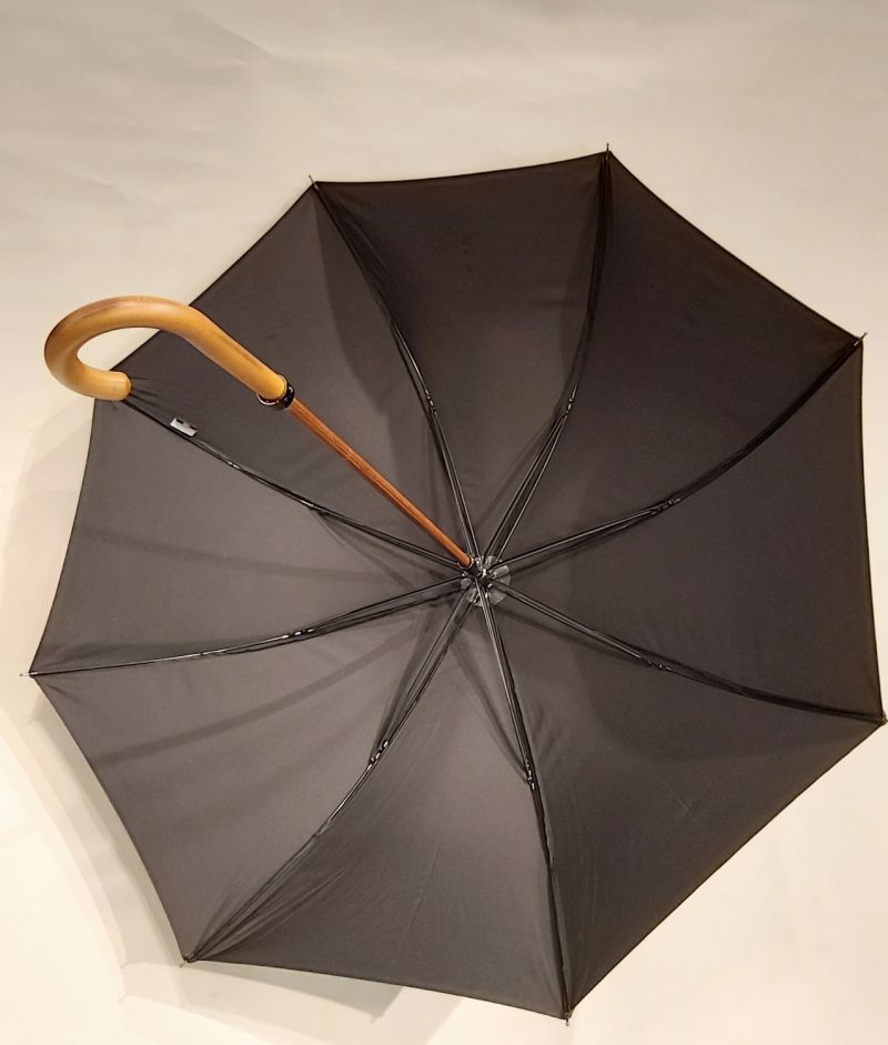 Parapluie canne bois manuel uni noir français fait main & anti vent - Léger & solide 