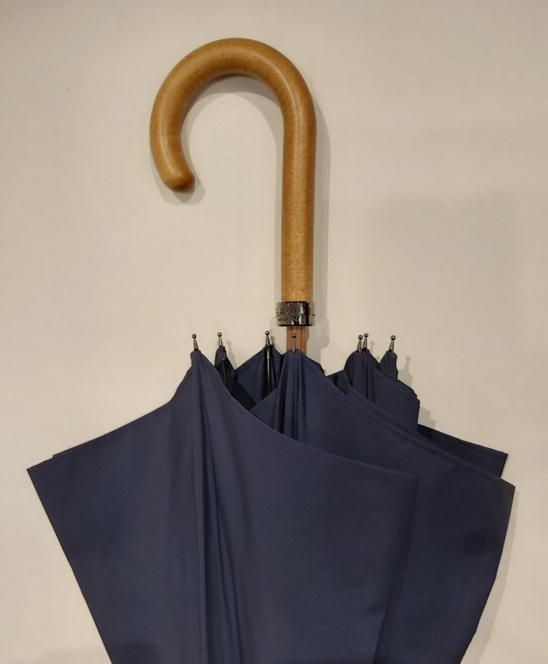 Parapluie canne bois manuel uni bleu marine Piganiol anti vent, Léger & solide