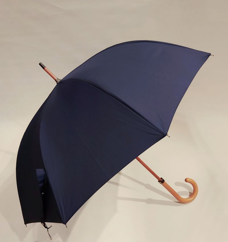 Parapluie canne bois manuel uni bleu marine Piganiol anti vent, Léger & solide