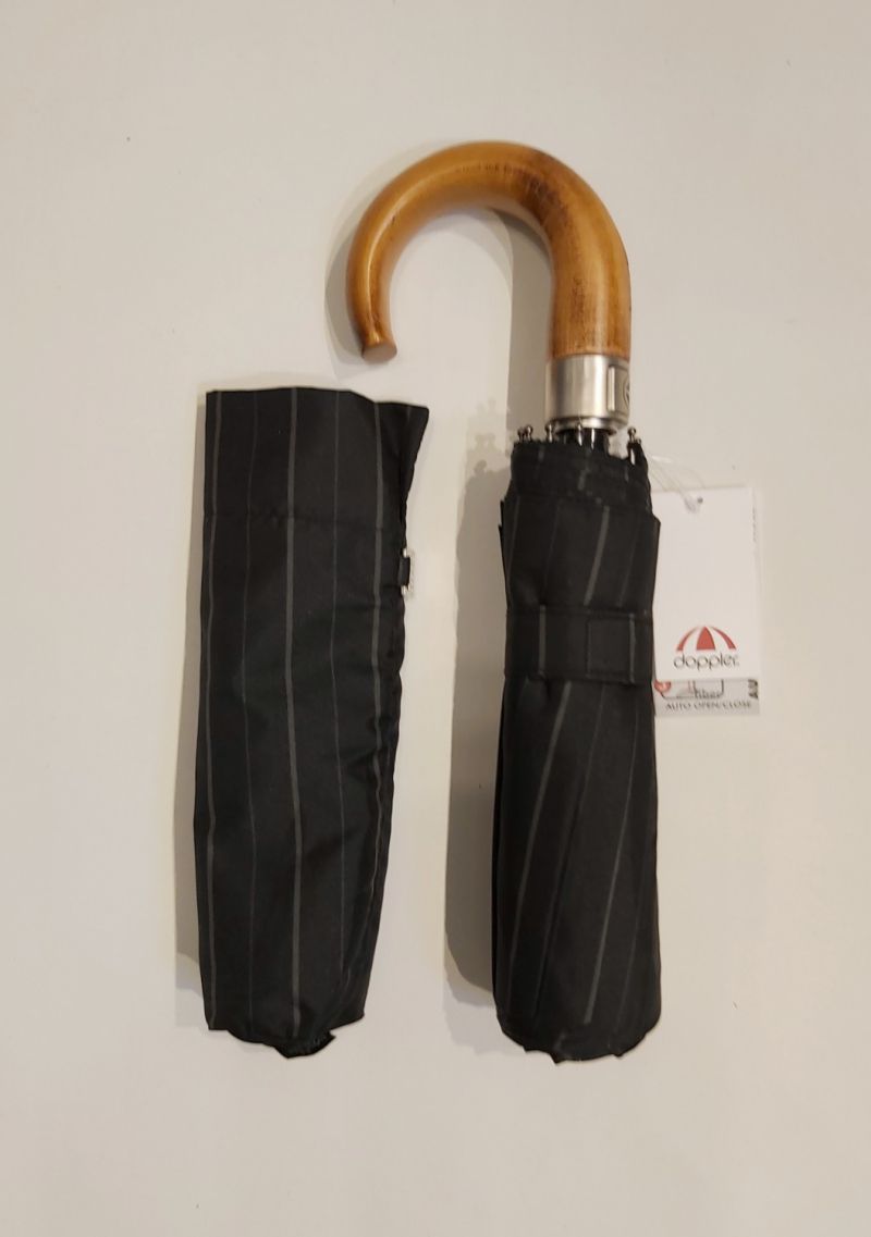 Parapluie mini pliable noir rayé open close poignée bois Doppler -10 branches grand (105 d) & solide