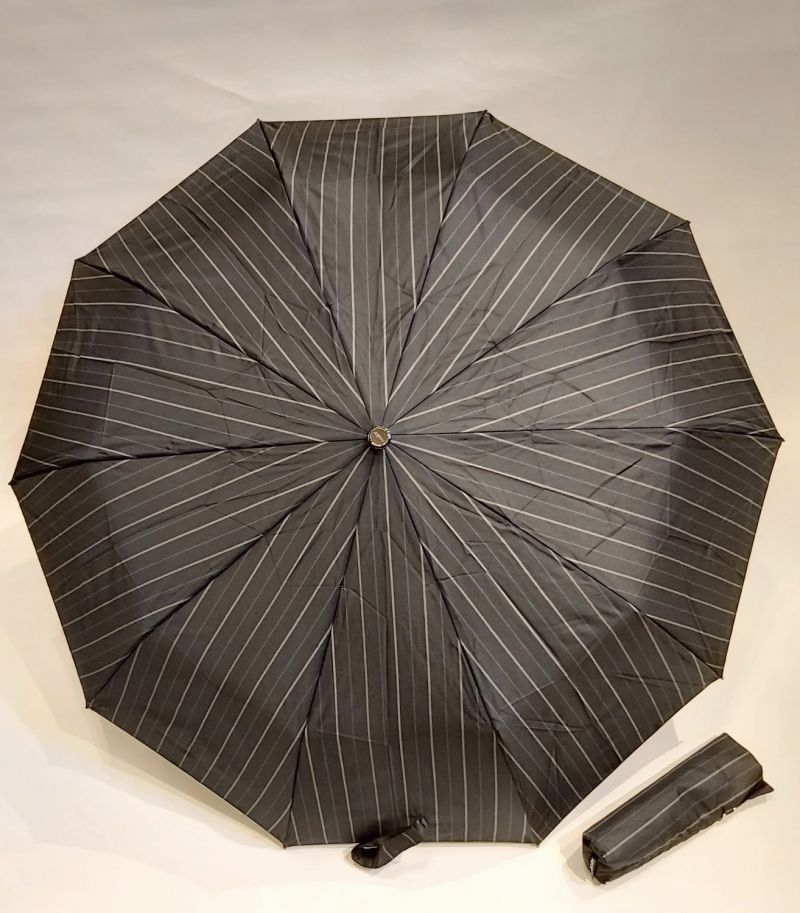 Parapluie mini pliable noir rayé open close poignée bois Doppler, 10 branches grand (105 d) & solide
