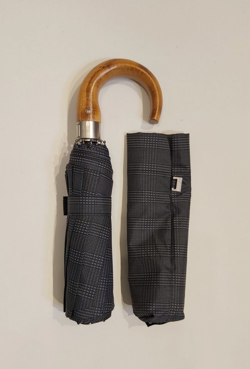 Parapluie mini pliable gris écossais open close poignée bois Doppler, 10 branches grand (105 d) & solide
