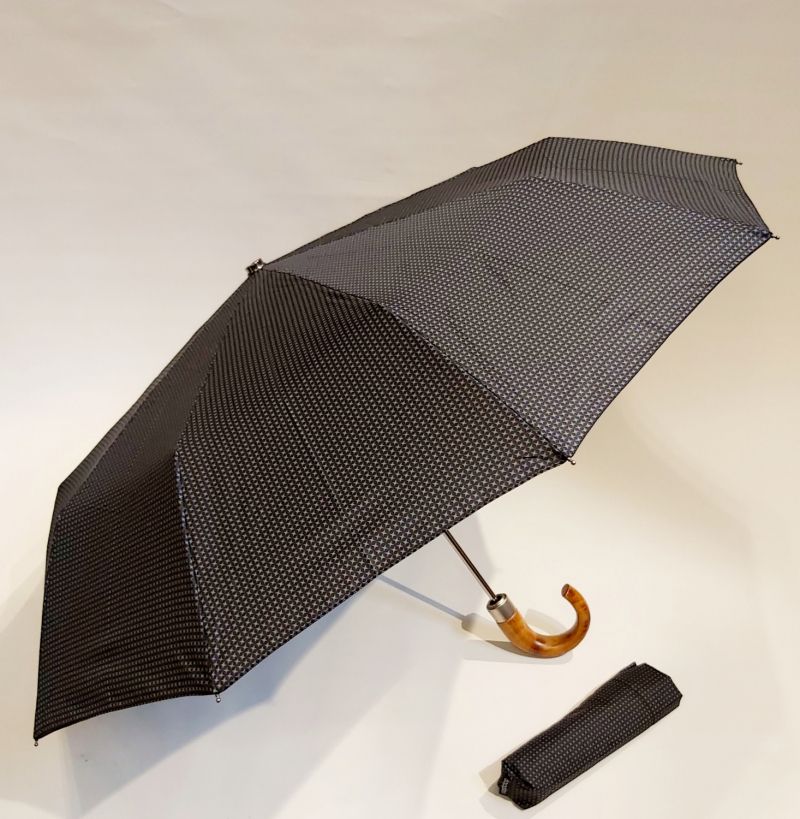 Parapluie mini pliable noir fines étoiles grises open close poignée bois Doppler, 10 branches grand (105 d) & solide