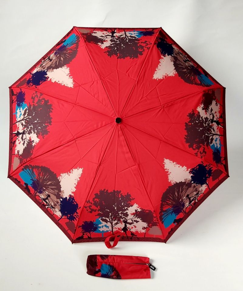  Mini parapluie pliant open-close rouge à motif balade en forêt Neyrat Autun, léger et solide