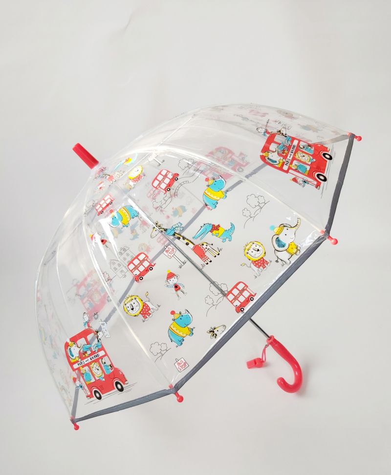 Parapluie enfant cloche transparente rouge Bus impérial et les animaux Smati, léger et solide