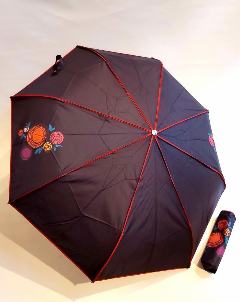  Mini parapluie pliant open-close uni noir biais rouge Neyrat Autun, léger et solide