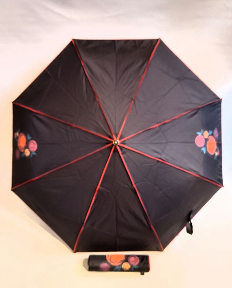  Mini parapluie pliant open-close uni noir biais rouge Neyrat Autun, léger et solide