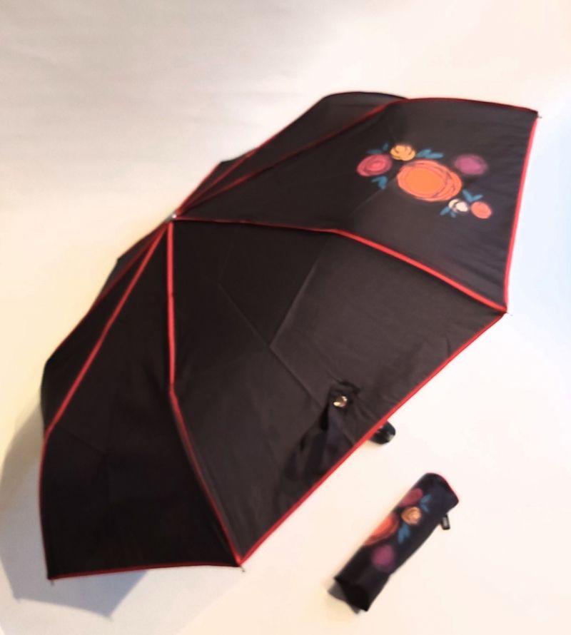  Mini parapluie pliant open-close uni noir biais rouge Neyrat Autun, léger et solide