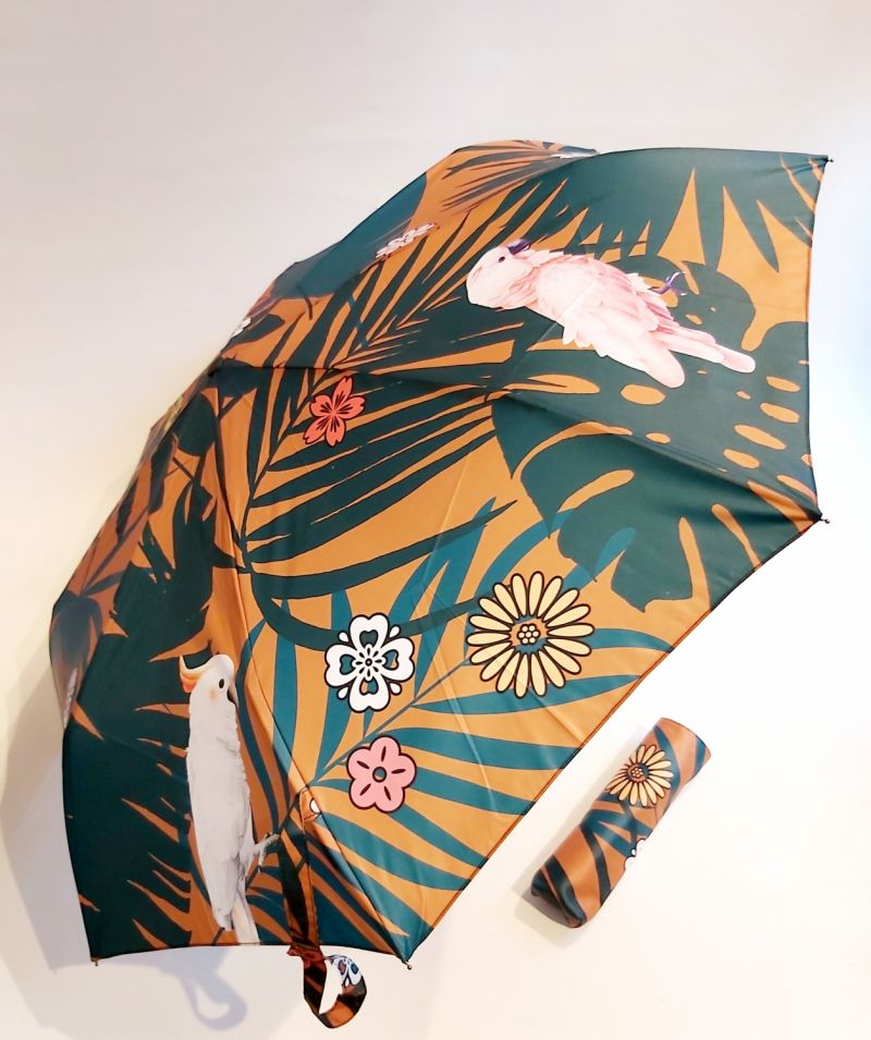 Parapluie mini pliant open-close vert sapin imprimé perroquet Neyrat Autun, léger et résistant