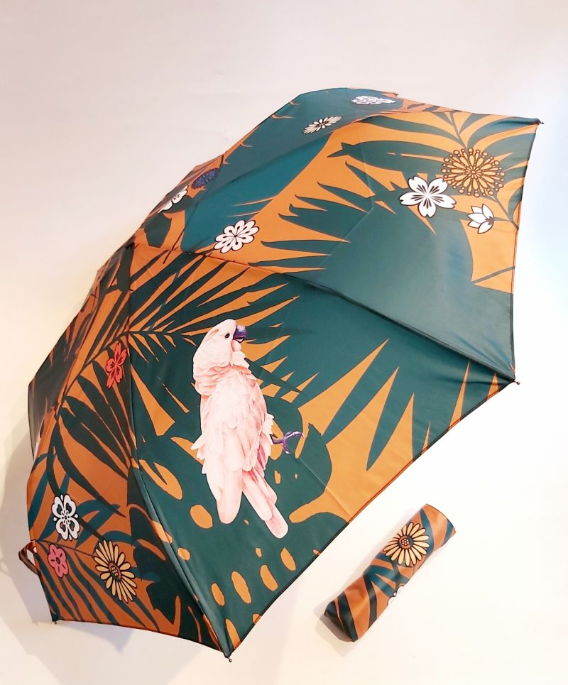 Parapluie mini pliant open-close vert sapin imprimé perroquet Neyrat Autun, léger et résistant