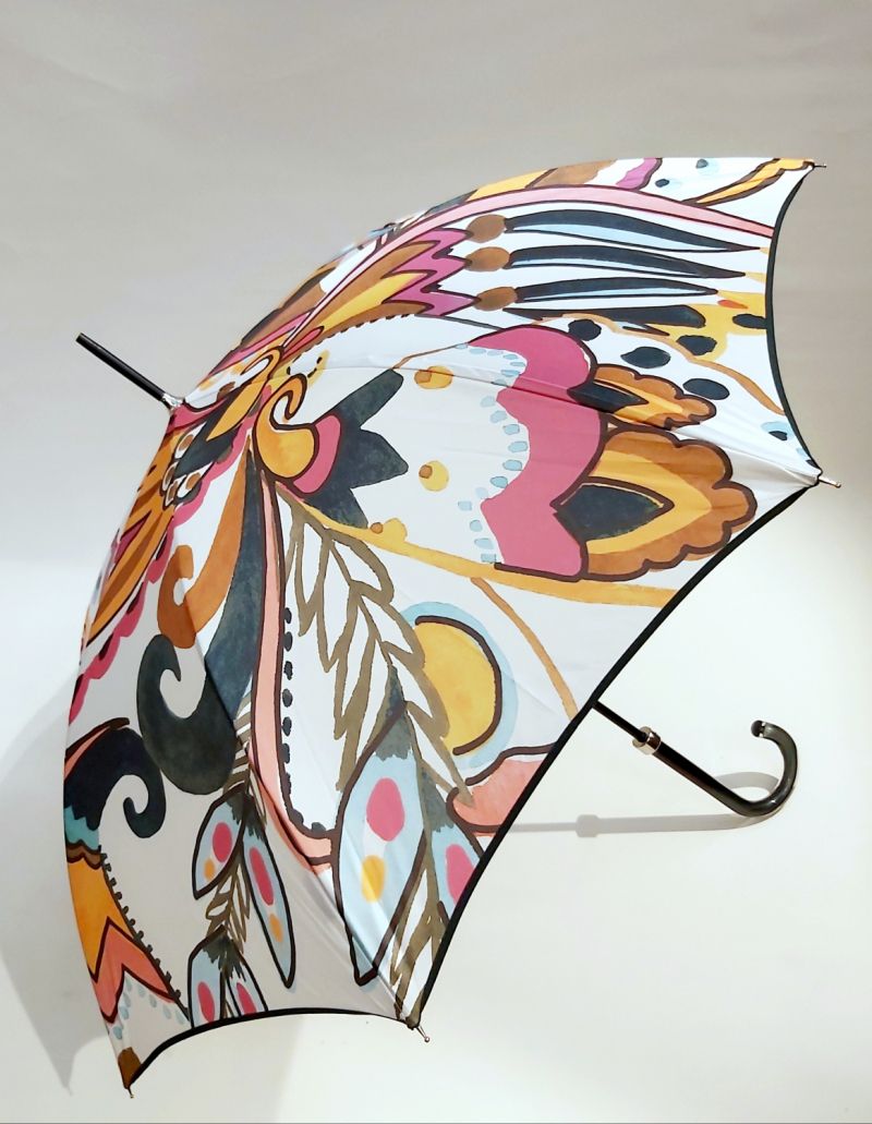 Parapluie canne manuel blanc imprimé de fleurs stylisées 