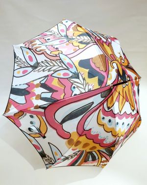 Parapluie canne manuel blanc imprimé de fleurs stylisées "Olympe" français, Original & anti vent