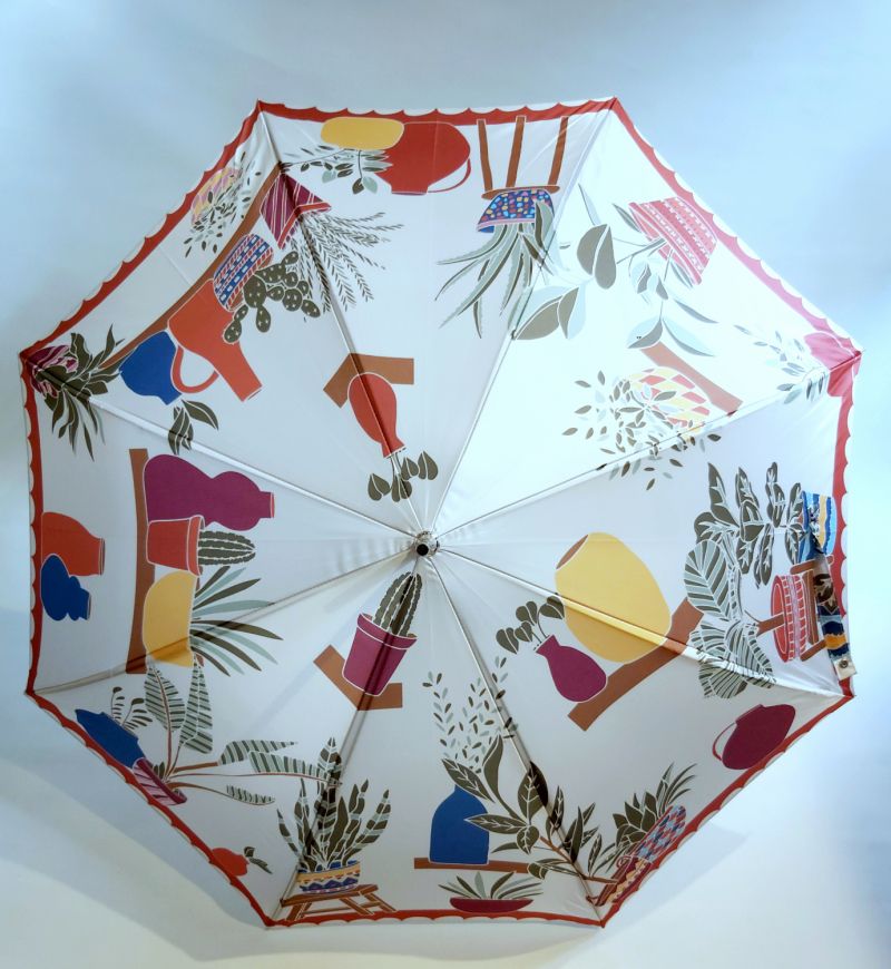Parapluie canne ivoirte coloré imprimé de plantes et de pots, Original & anti vent
