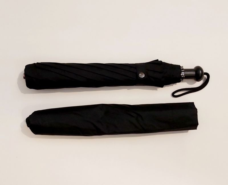 Parapluie pliant anti vent noir automatique 10 baleines poignée droite bois noire français, grand & durable