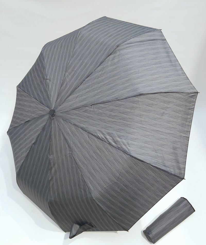 Parapluie pliant NEW anti vent gris rayé 10 branches open close poignée ergonomique français, XXL 103cm diam & robuste