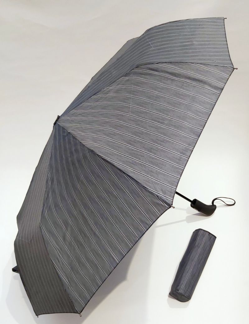 Parapluie pliant NEW anti vent gris rayé 10 branches open close poignée ergonomique français, XXL 103cm diam & robuste