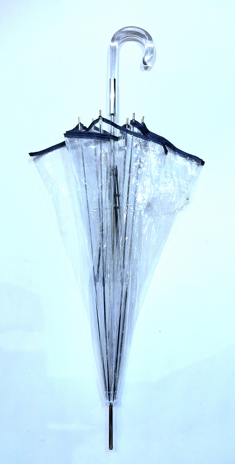 Parapluie long transparent PVC manuel gansé bleu marine grand Ezpeleta - léger & ne se retourne pas