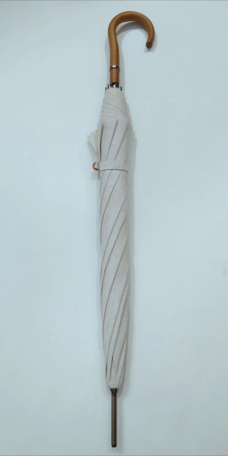 Parapluie canne en lin naturel doublé int col ivoire 100% anti uv & poignée courbe bois - grande ombrelle protection totale