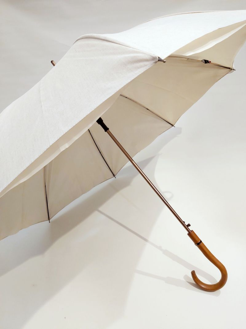 Parapluie canne en lin naturel doublé int col ivoire 100% anti uv & poignée courbe bois - grande ombrelle protection totale