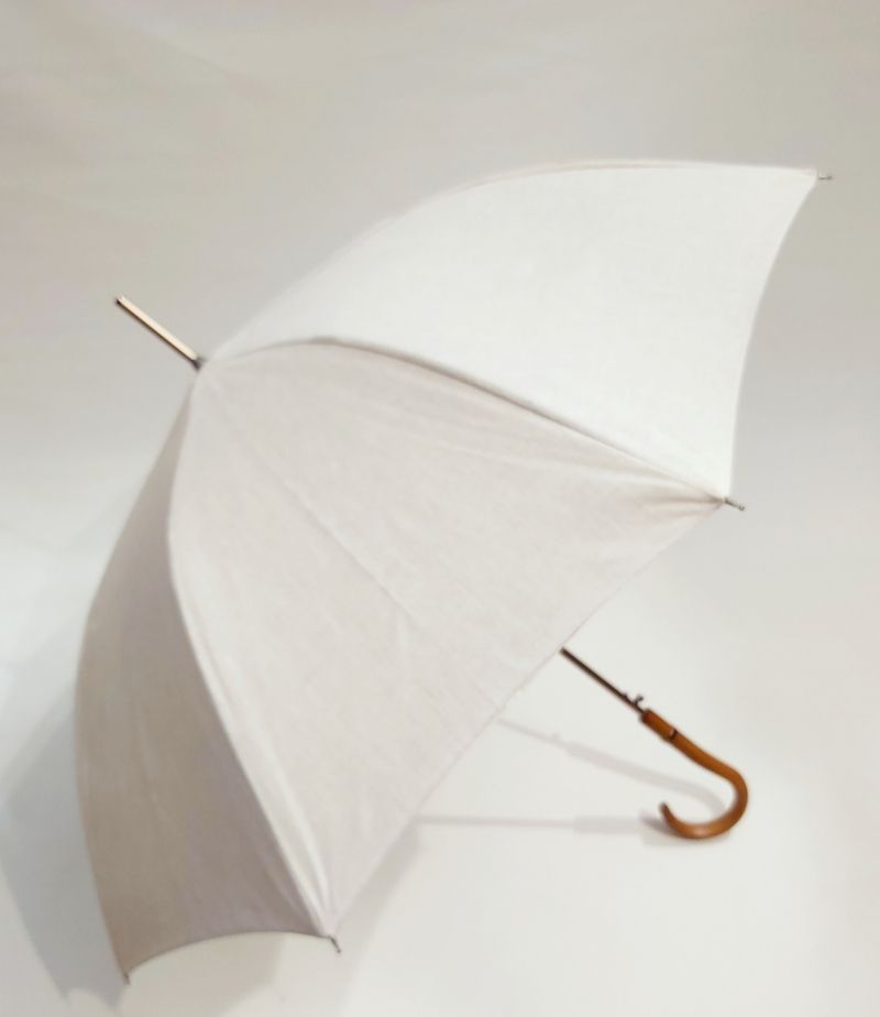 Parapluie canne en lin naturel doublé int col ivoire 100% anti uv & poignée courbe bois - grande ombrelle protection totale