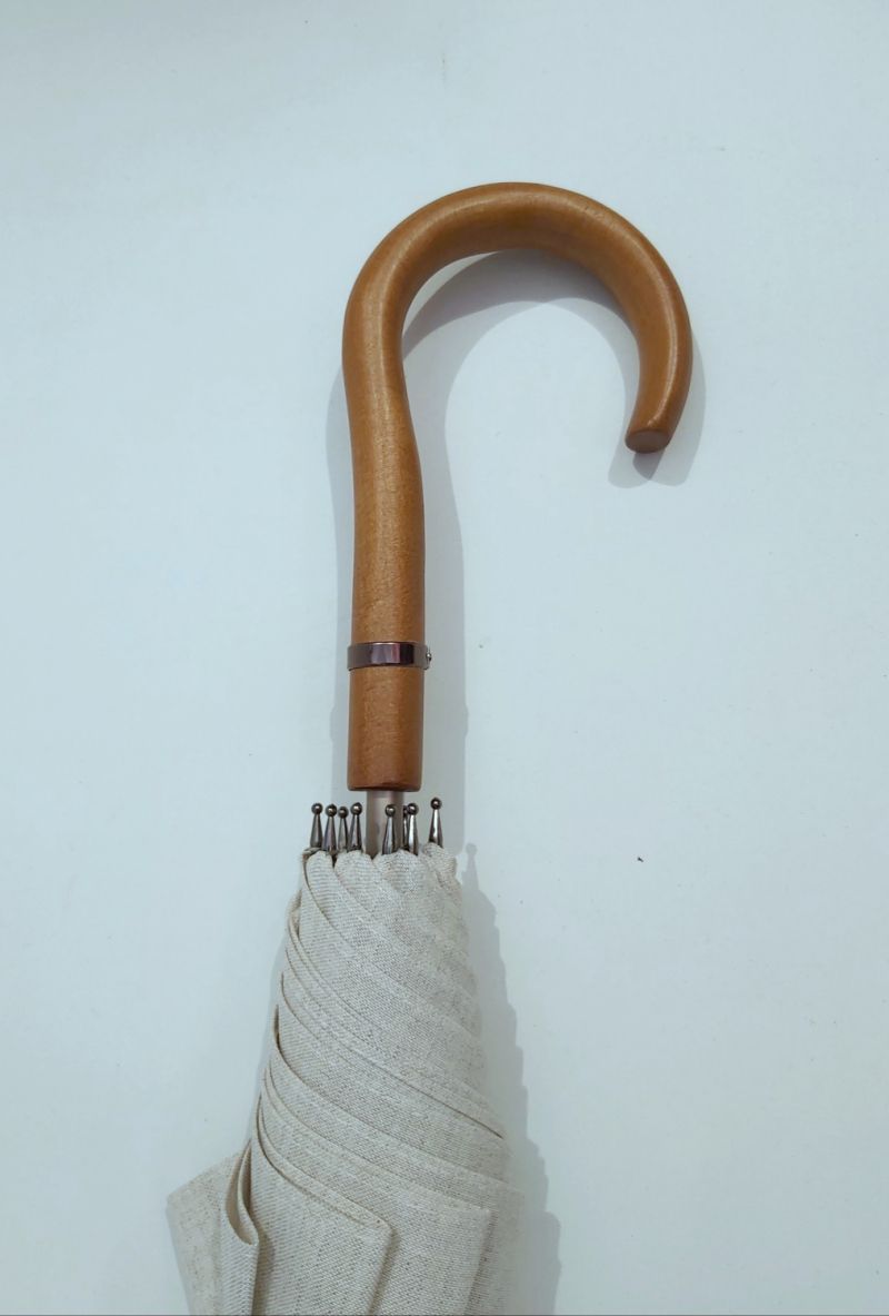 Parapluie canne en lin naturel doublé int col ivoire 100% anti uv & poignée courbe bois - grande ombrelle protection totale