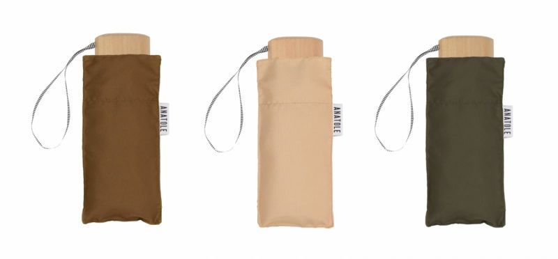 Micro parapluie Anatole pliant plat de poche uni kaki bronze pg bois naturel Léonard - léger 220g & solide
